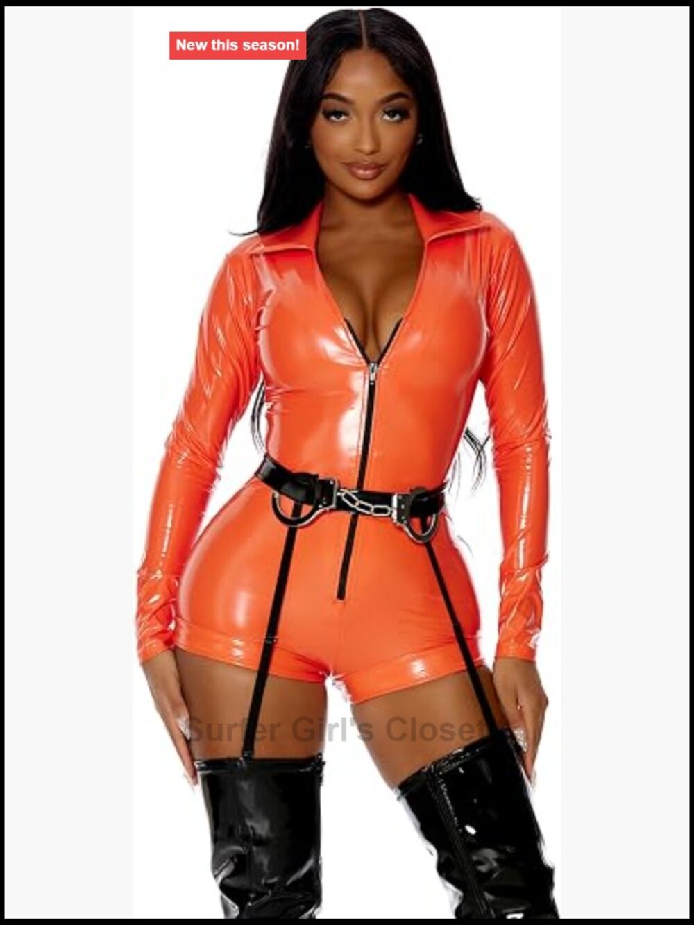 3pc Inmate Costume Vinyl Zip Front Romper Garter Belt Handcuffs Halloween